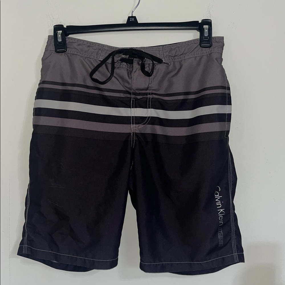 Calvin Klein Black and Gray Striped Swim Trunks